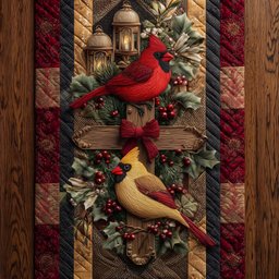 Cardinals with Bow on Rustic Cross Table Runner - Made to Order TABLE928