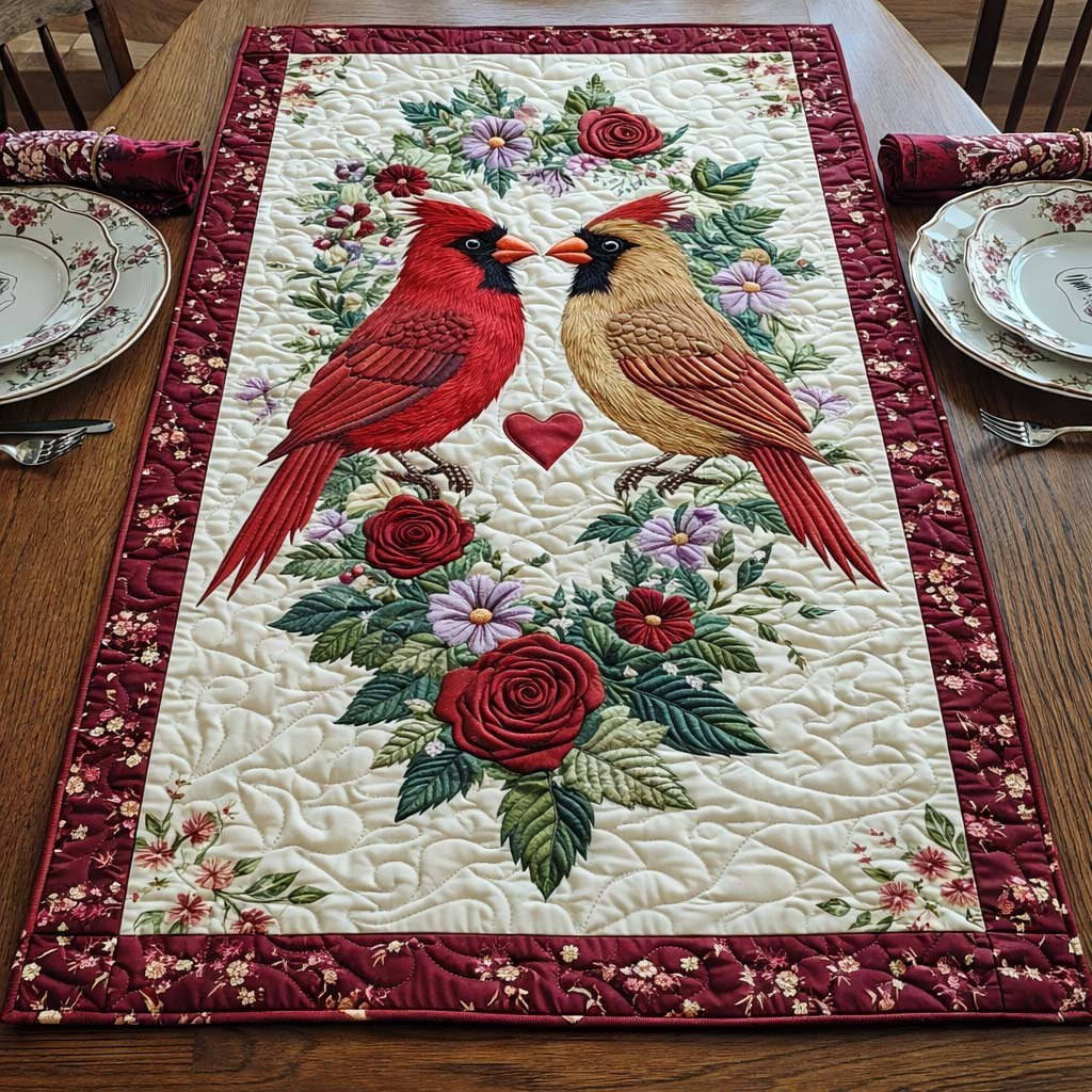 Cardinal Pair with Red Roses Table Runner - Made to Order TABLE928