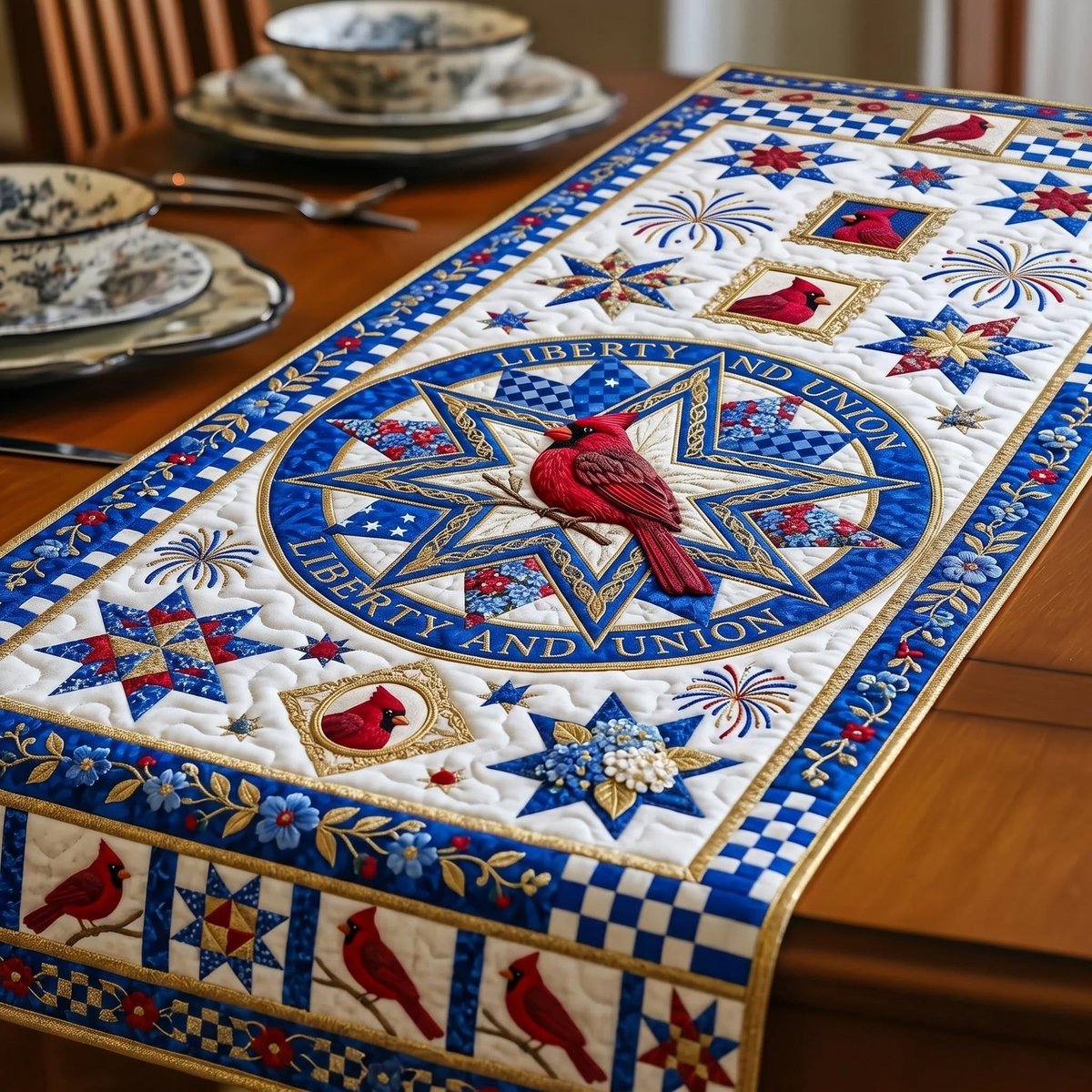 Cardinal in a Blue Star Medallion Table Runner - Made to Order TABLE928