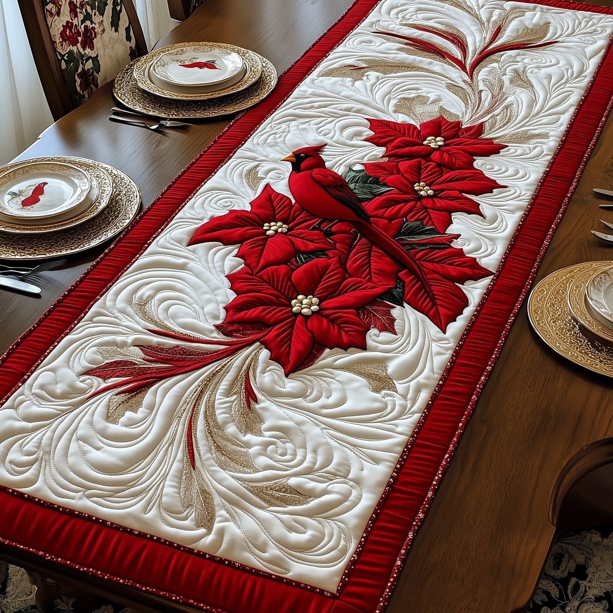 Cardinal with Red Poinsettias on Cream Table Runner - Made to Order TABLE928