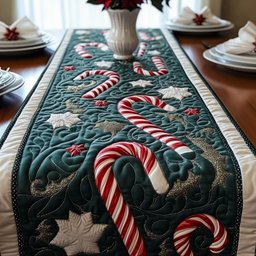 Candy Canes on Teal Panel Table Runner - Made to Order TABLE928