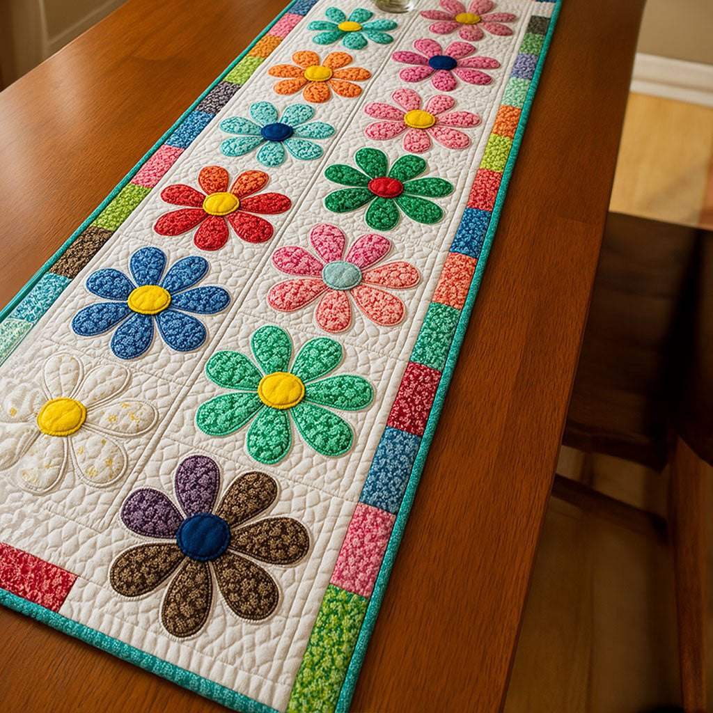 Bright Daisies on White Grid Table Runner - Made to Order TABLE928