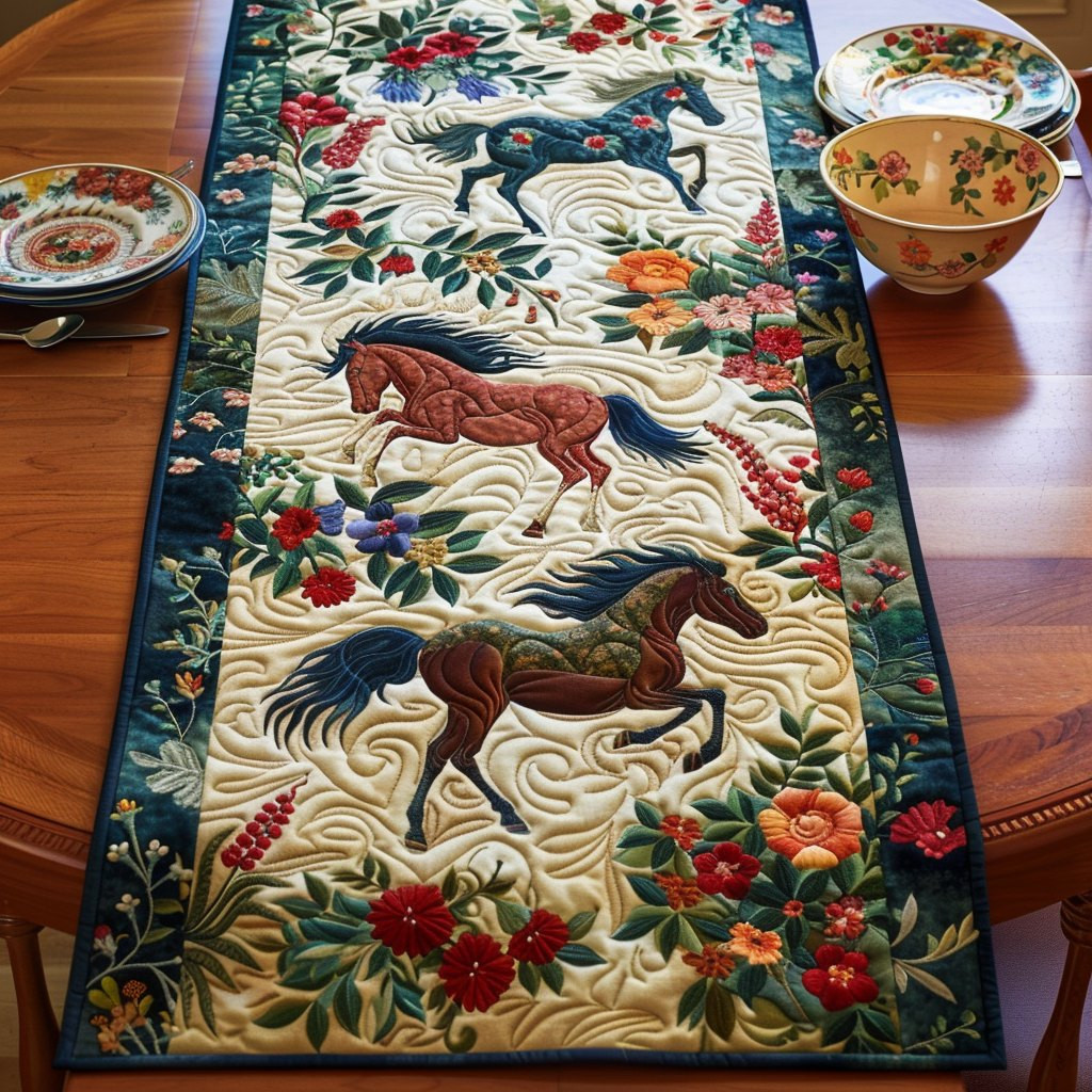 Brown Horses and Red Wildflowers Table Runner - Made to Order TABLE928