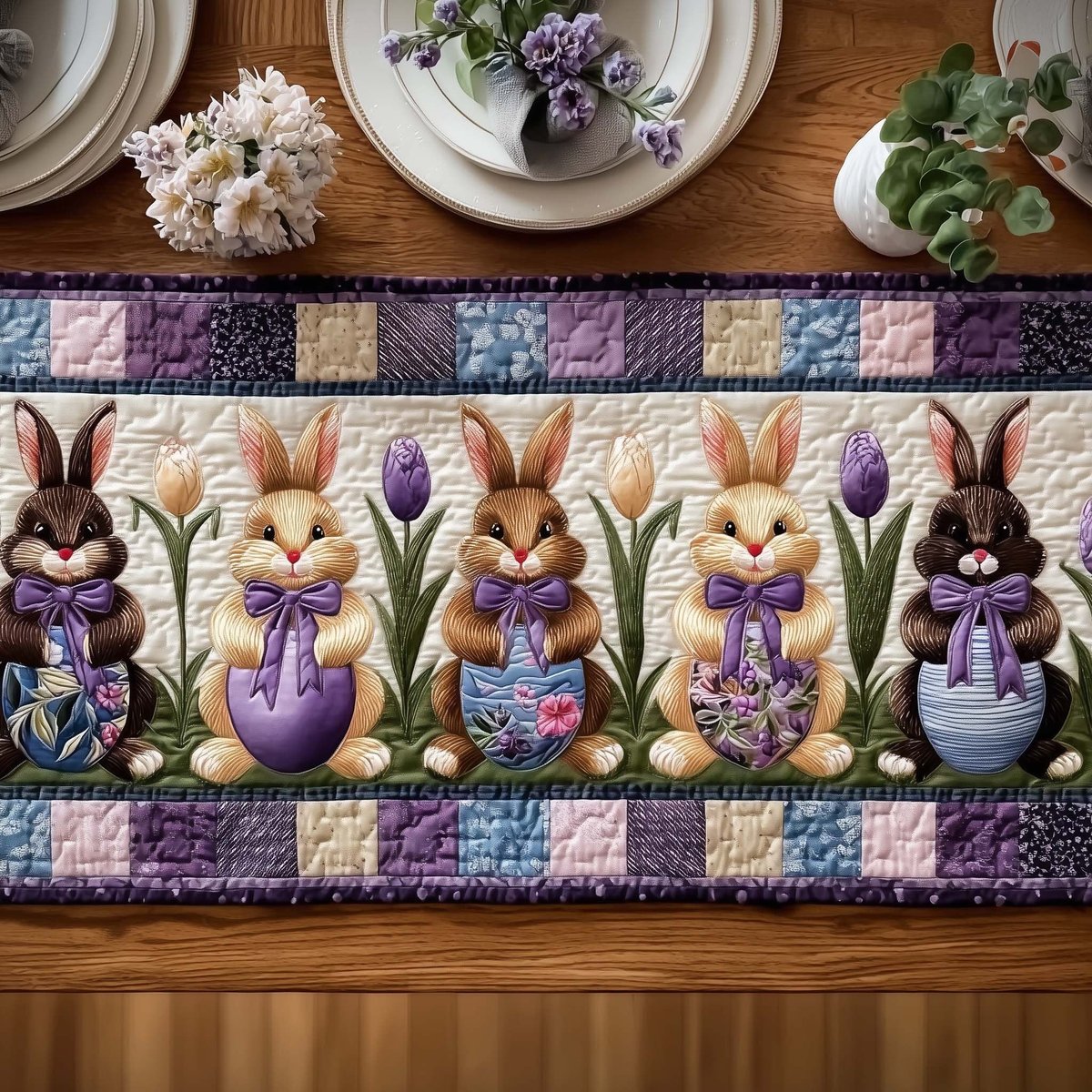 Bunnies with Ribbons and Tulips Table Runner - Made to Order TABLE928