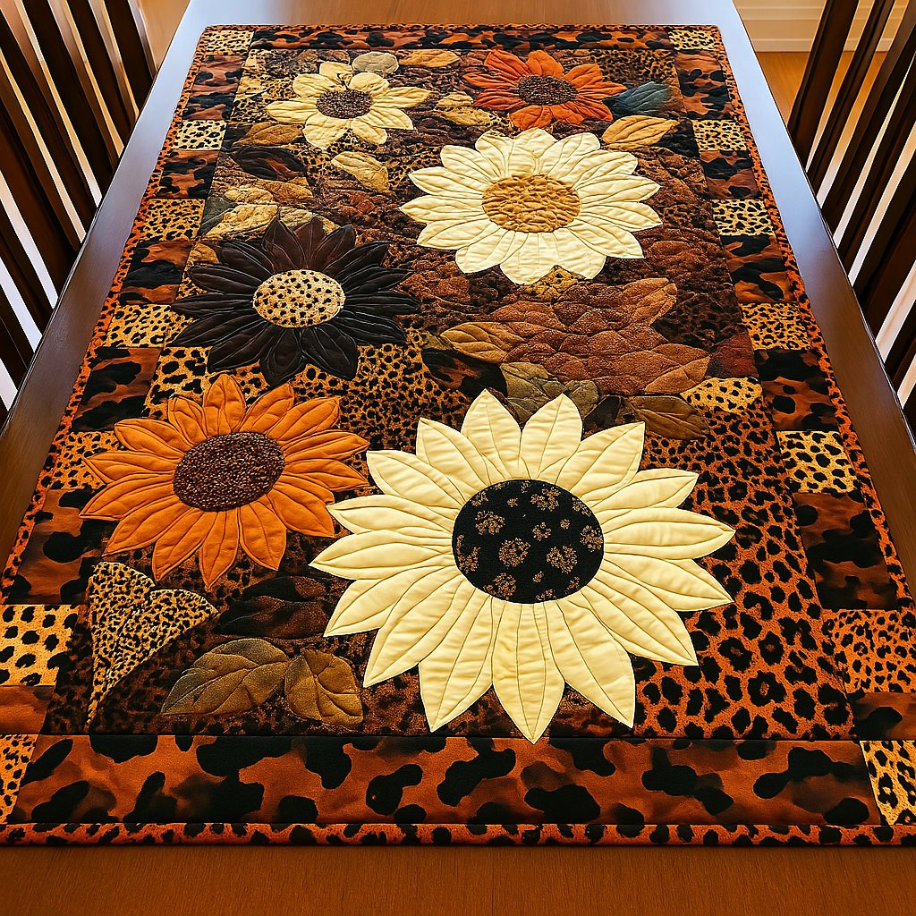 Bright Blooms Sunflowers on Leopard Print Table Runner - Made to Order TABLE928