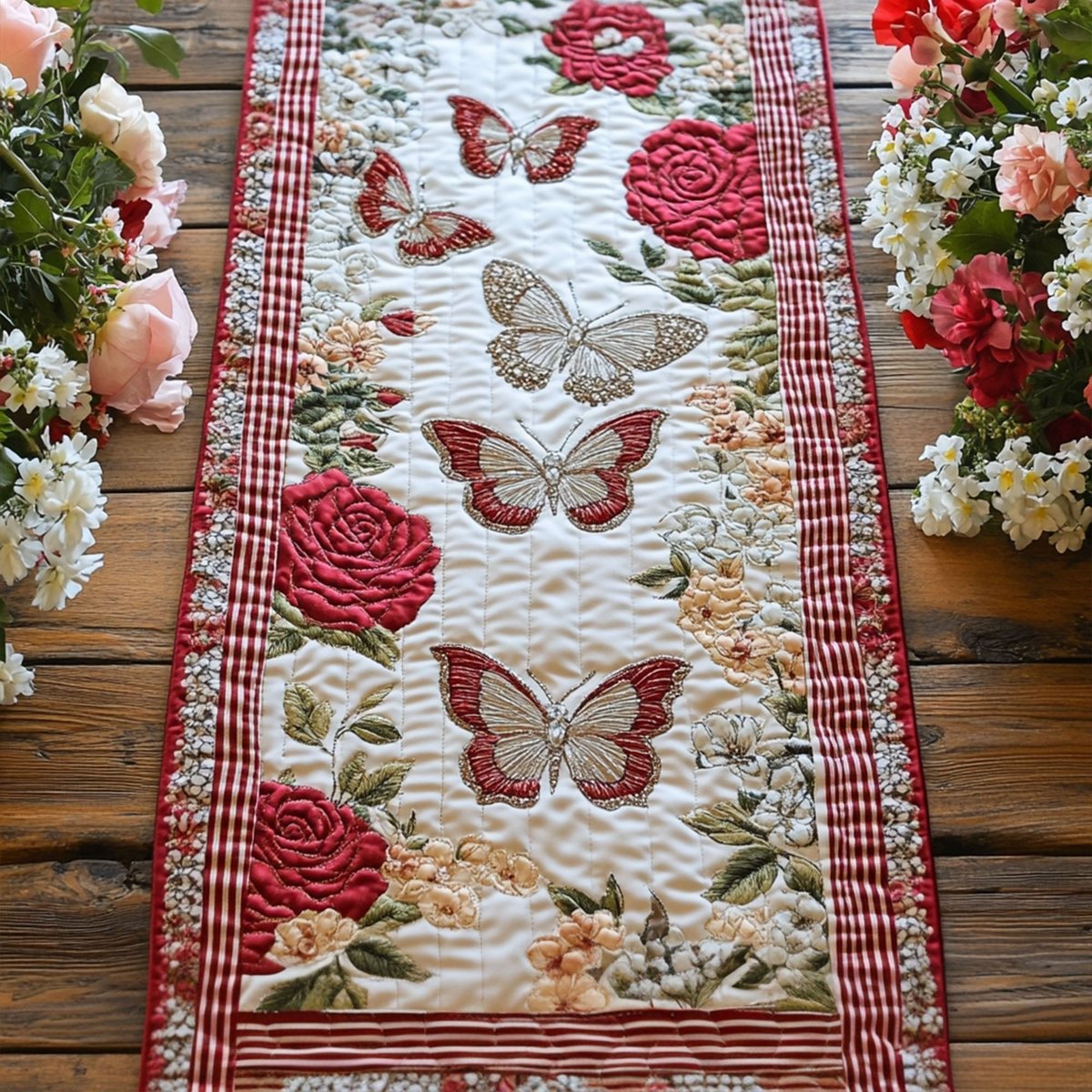 Butterflies and Roses on Red Stripes Table Runner - Made to Order TABLE928