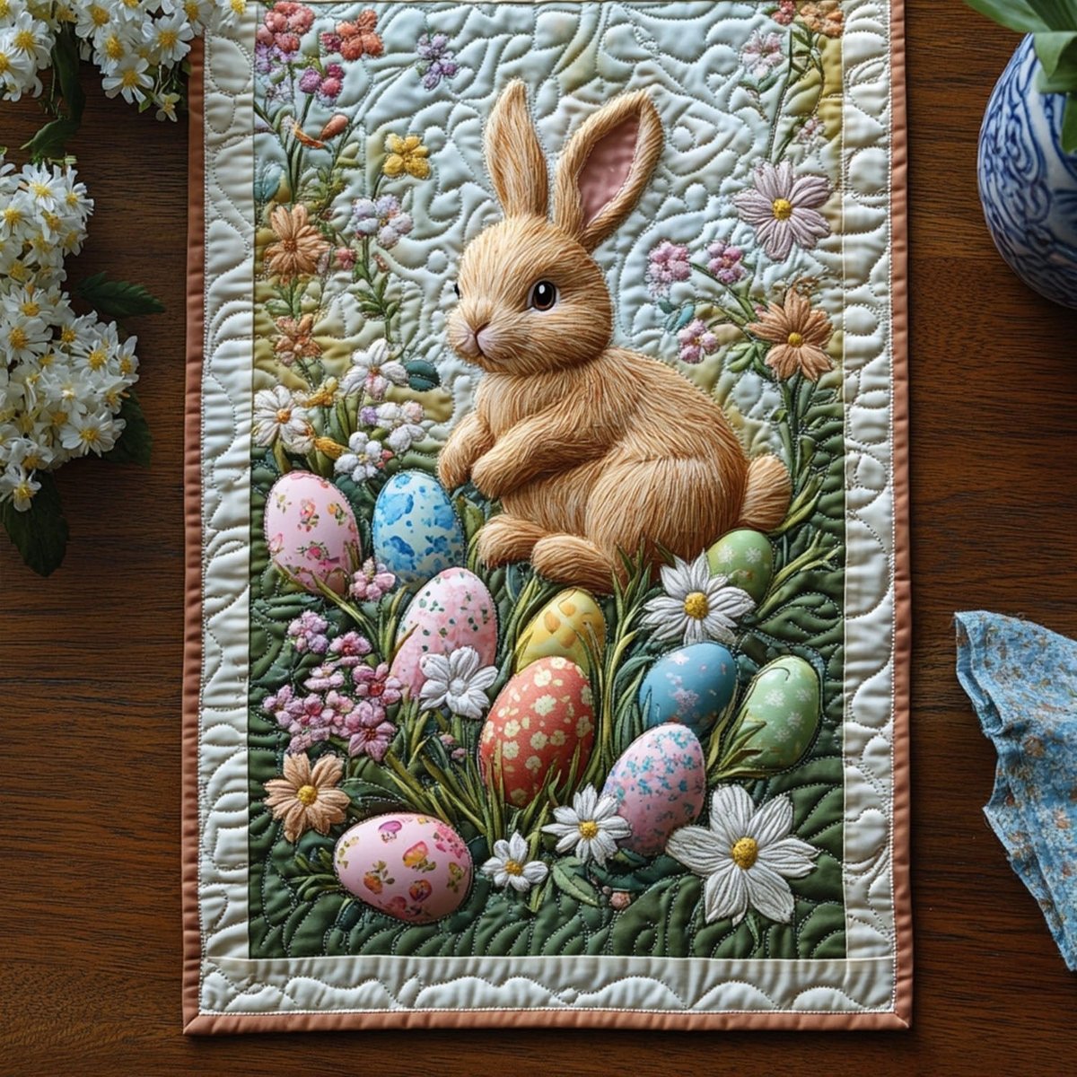 Brown Rabbit with Eggs and Daisies Table Runner - Made to Order TABLE928