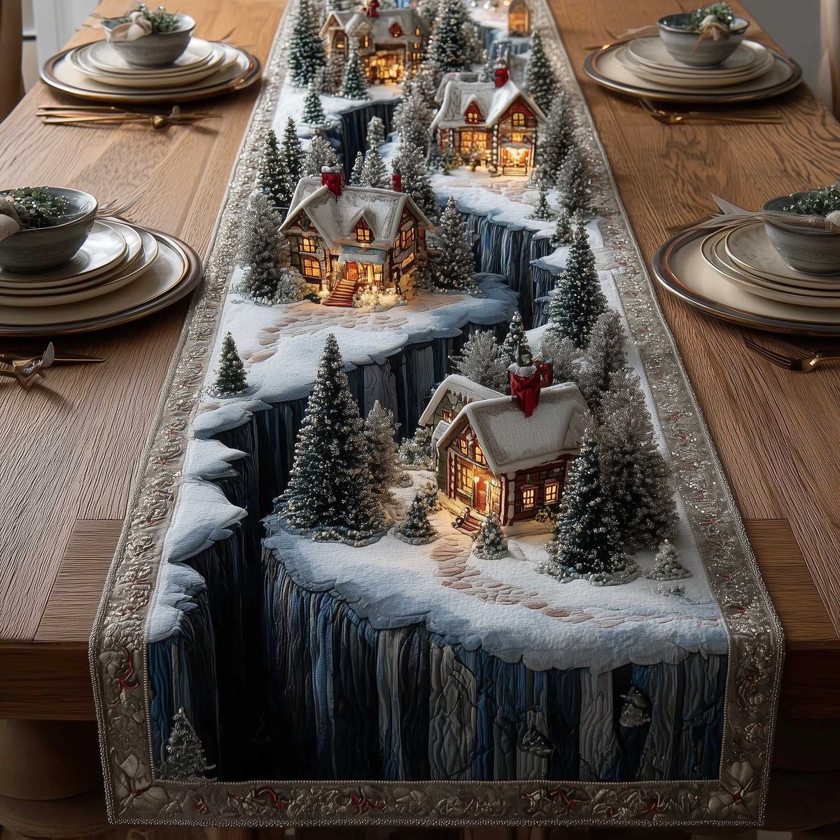 Cabin and Pines in Deep Snow Table Runner - Made to Order TABLE928
