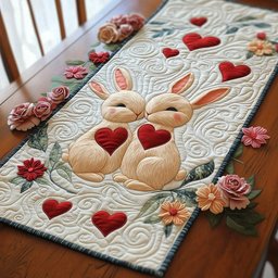 Bunnies with Twin Hearts and Roses Table Runner - Made to Order TABLE928