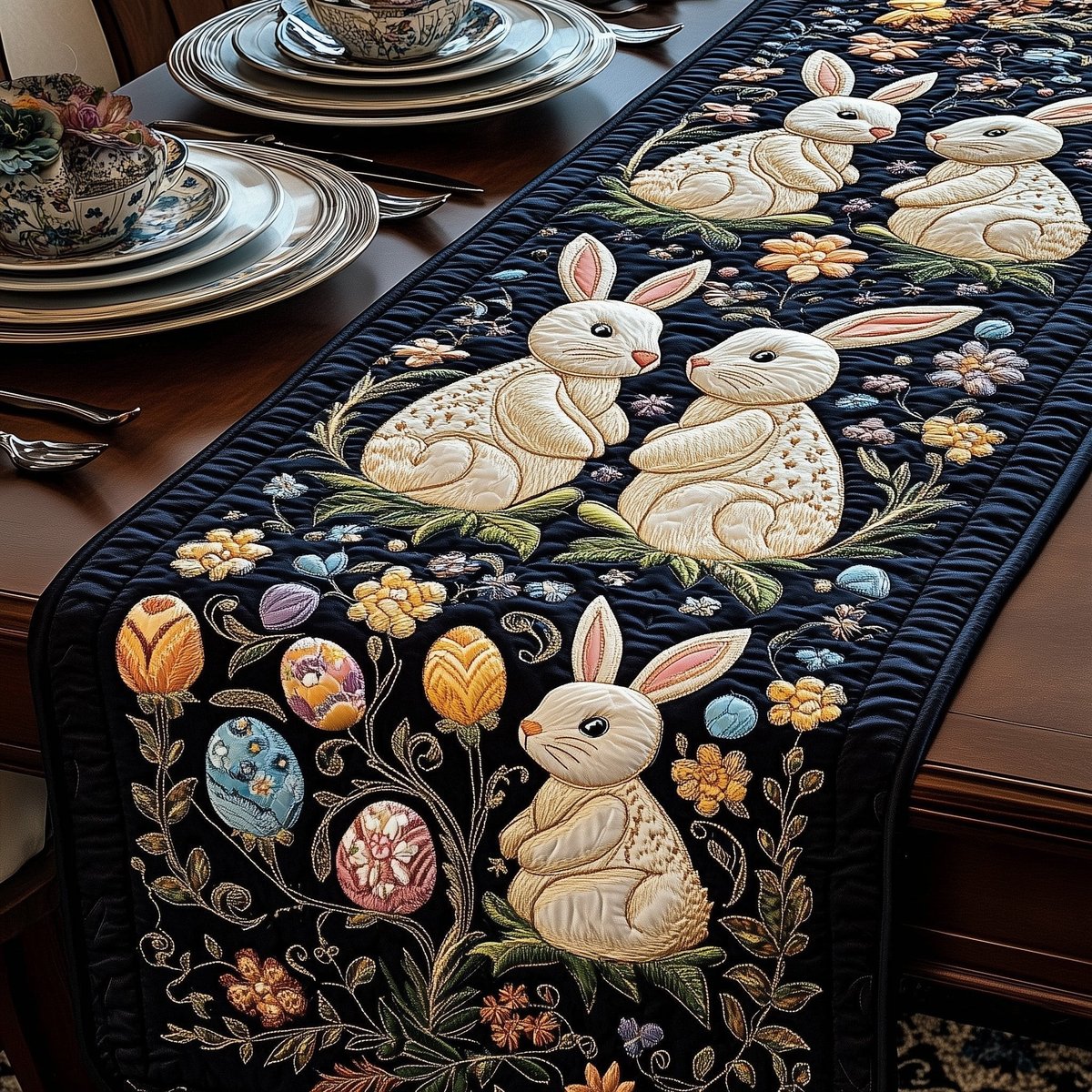 Bunnies with Eggs on Black Table Runner - Made to Order TABLE928