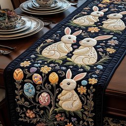 Bunnies with Eggs on Black Table Runner - Made to Order TABLE928