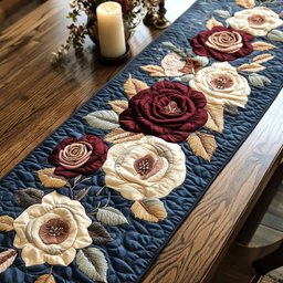 Burgundy and Cream Roses on Navy Table Runner - Made to Order TABLE928