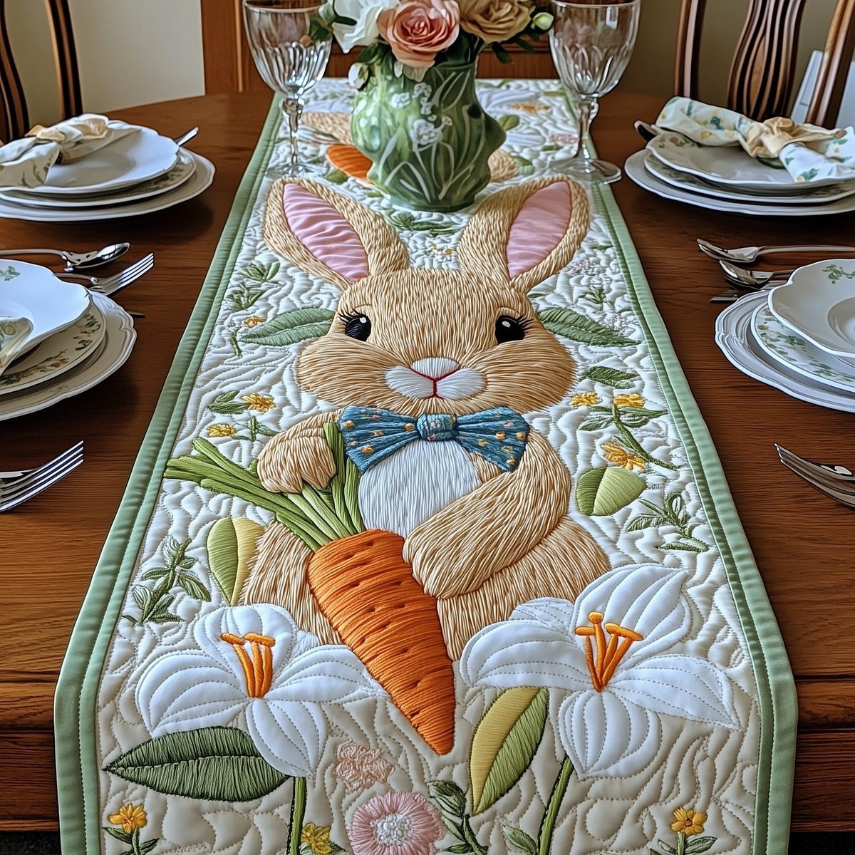 Bunny with Carrot and Blue Bow Table Runner - Made to Order TABLE928