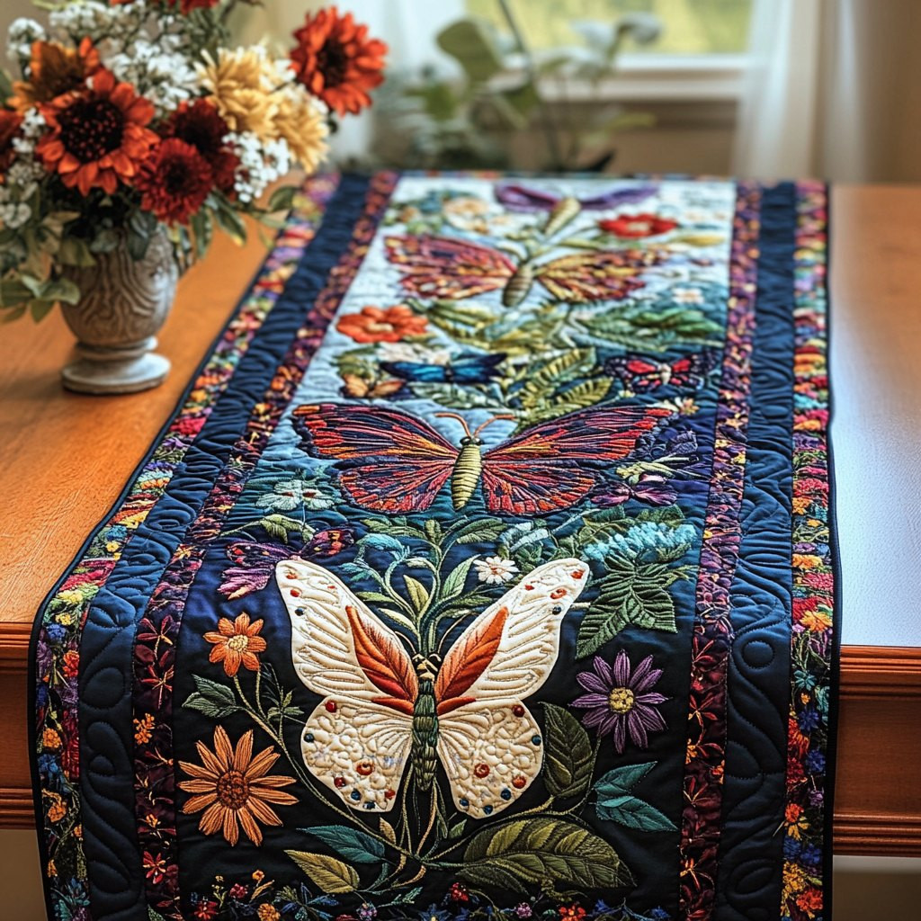 Butterflies with Flowers on Navy Table Runner - Made to Order TABLE928