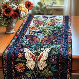 Butterflies with Flowers on Navy Table Runner - Made to Order TABLE928
