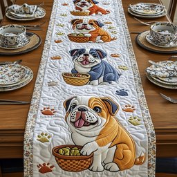 Bulldogs with Baskets on White Table Runner - Made to Order TABLE928