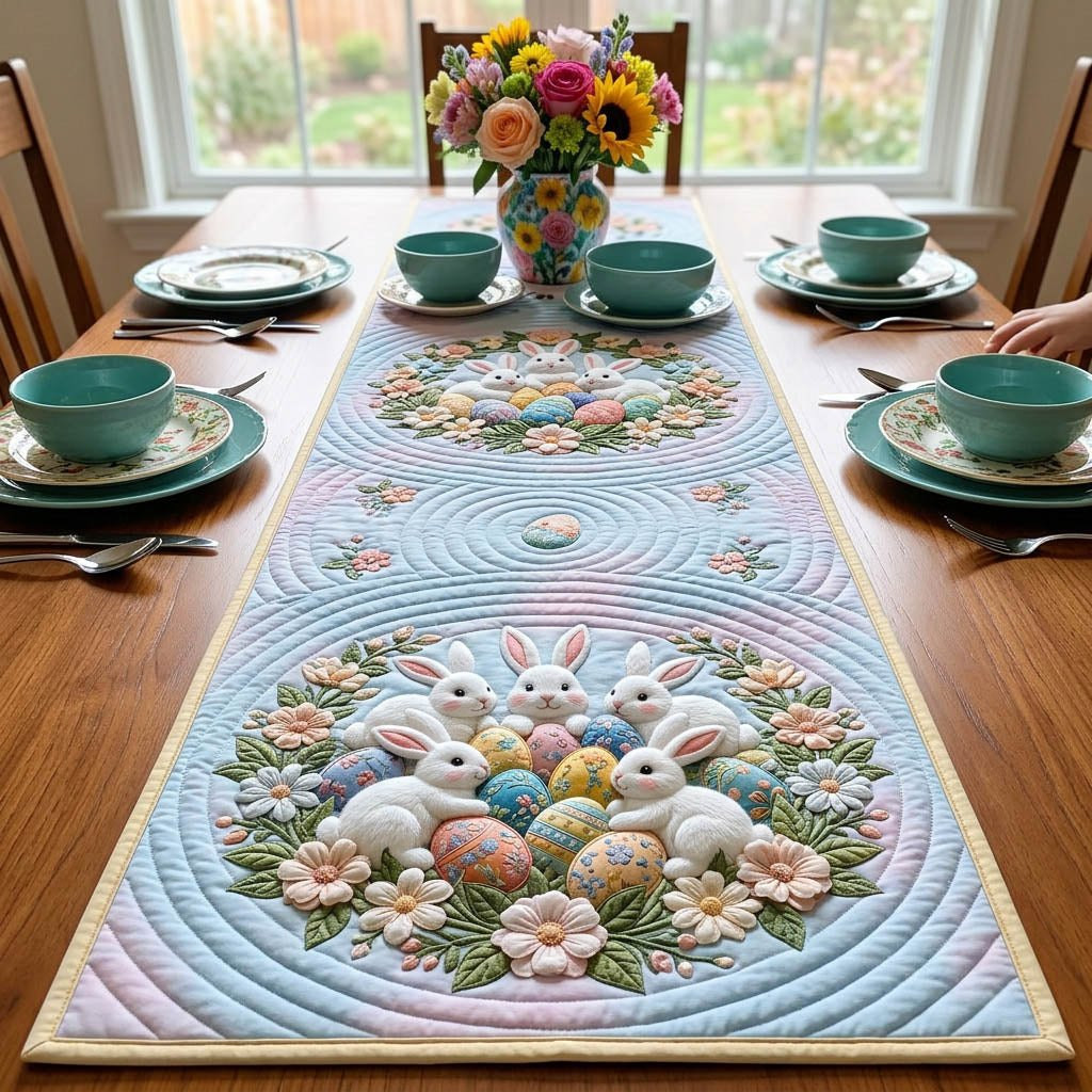 Bunnies in an Oval Flower Wreath Table Runner - Made to Order TABLE928