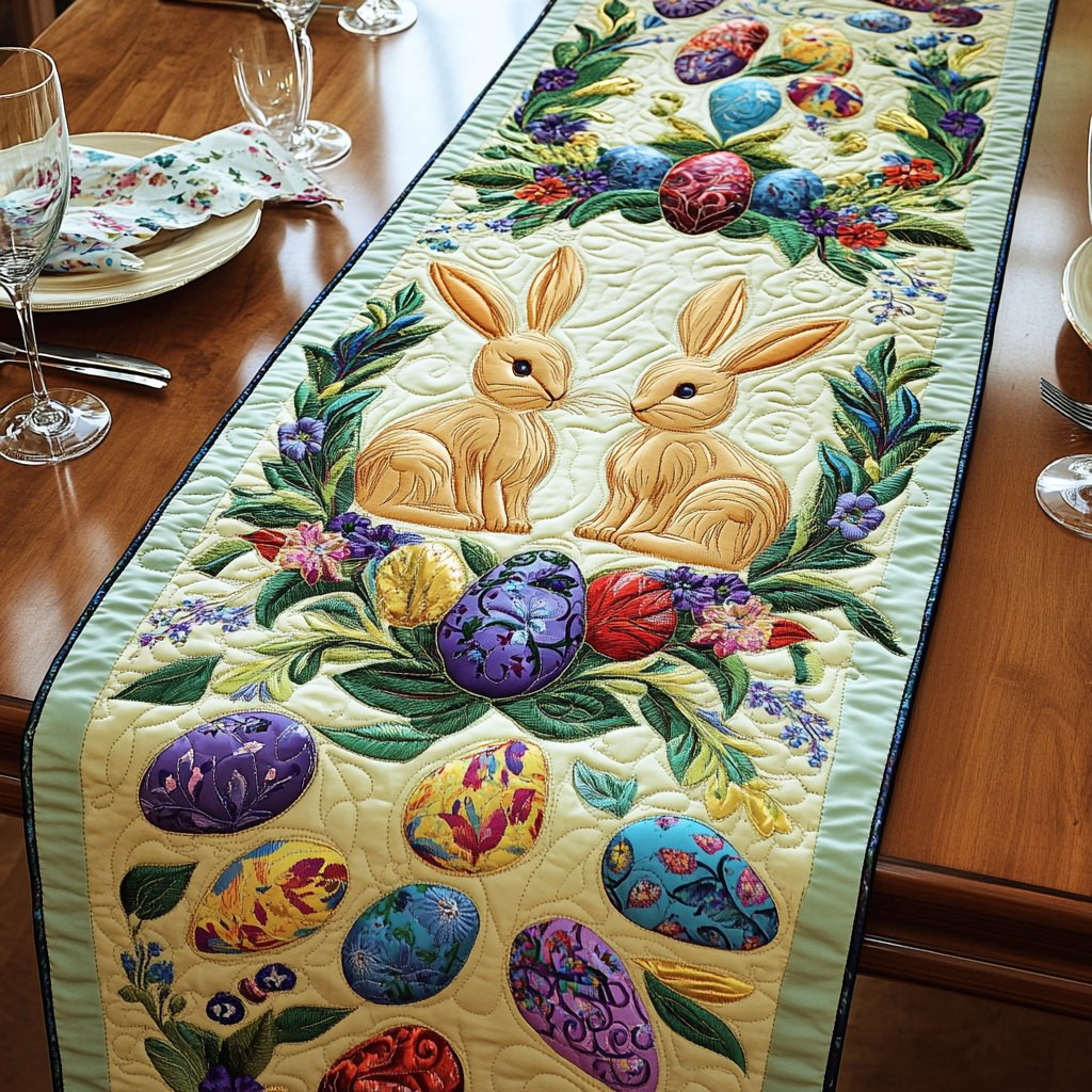 Bunnies with Eggs on Green Table Runner - Made to Order TABLE928