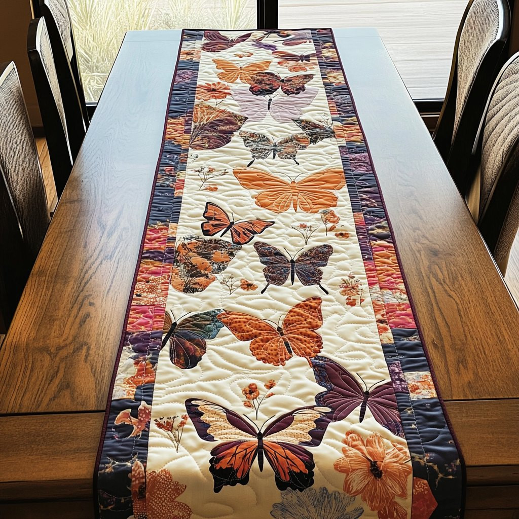 Butterflies on Cream with Navy Border Table Runner - Made to Order TABLE928