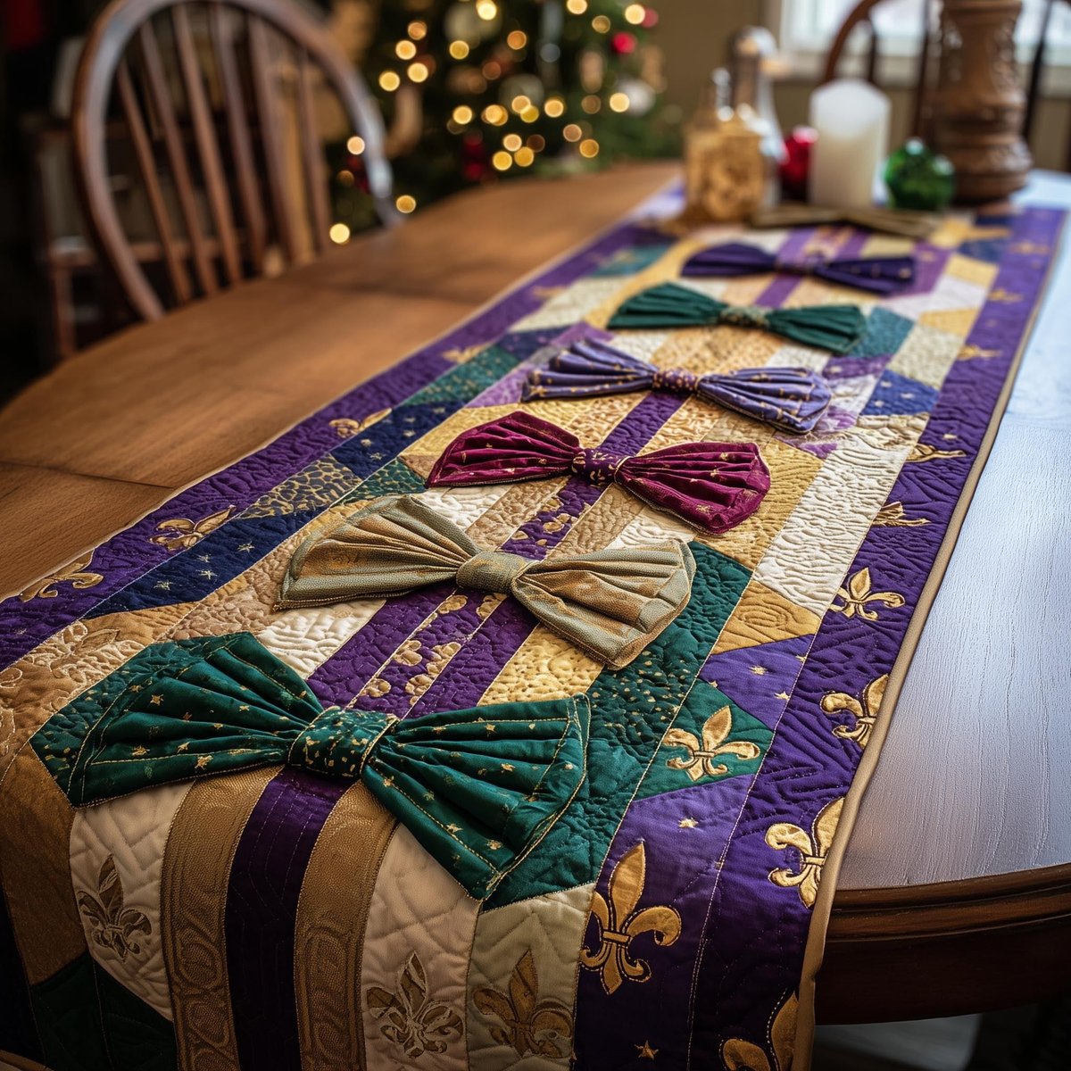 Bows on Purple and Green Blocks Table Runner - Made to Order TABLE928
