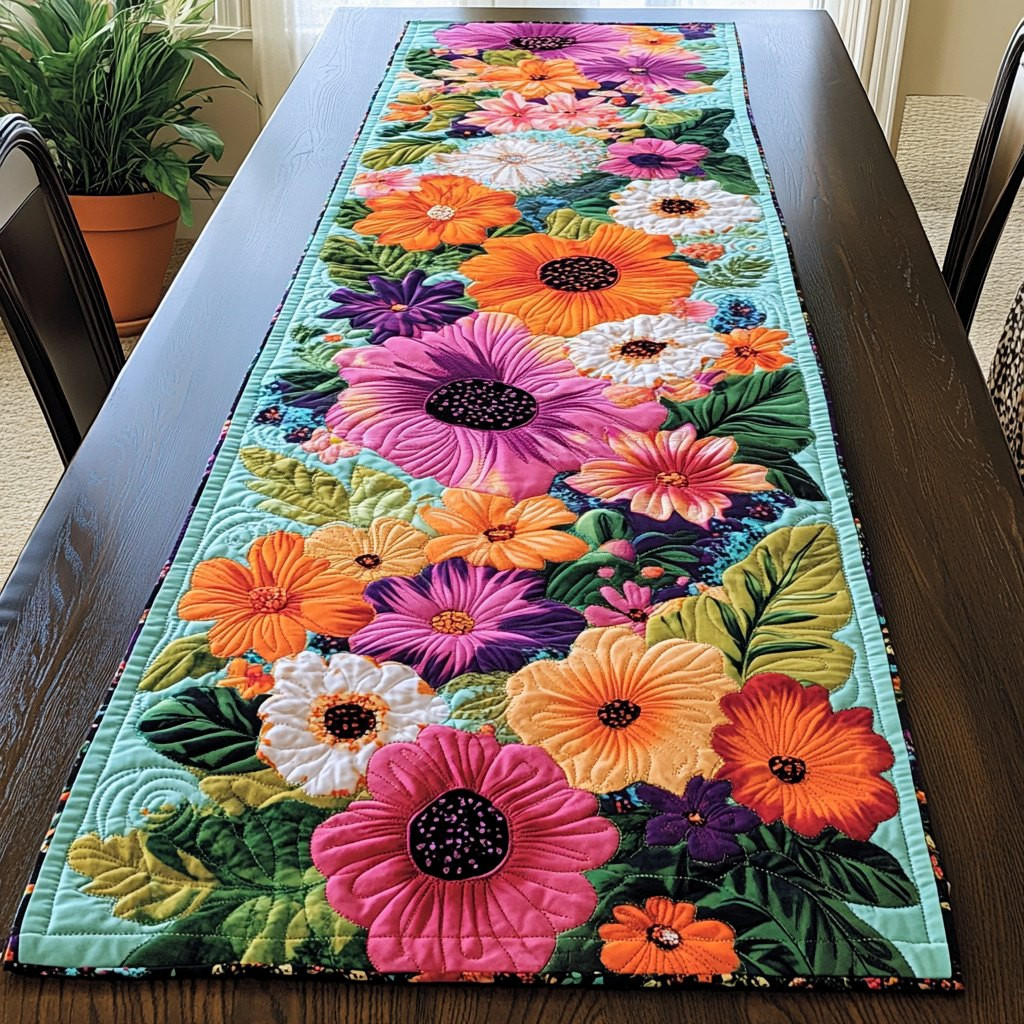 Bright Daisies and Gerberas on Teal Table Runner - Made to Order TABLE928