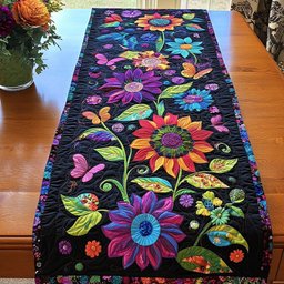 Bright Folk Flowers on Black Table Runner - Made to Order TABLE928