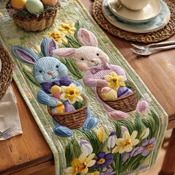 Bunnies with Egg Baskets and Tulips Table Runner - Made to Order TABLE928