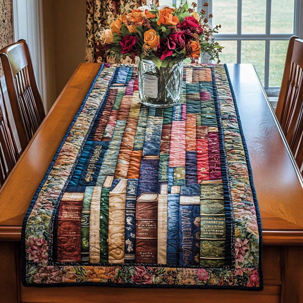 Bookshelf with Patterned Spines Table Runner - Made to Order TABLE928