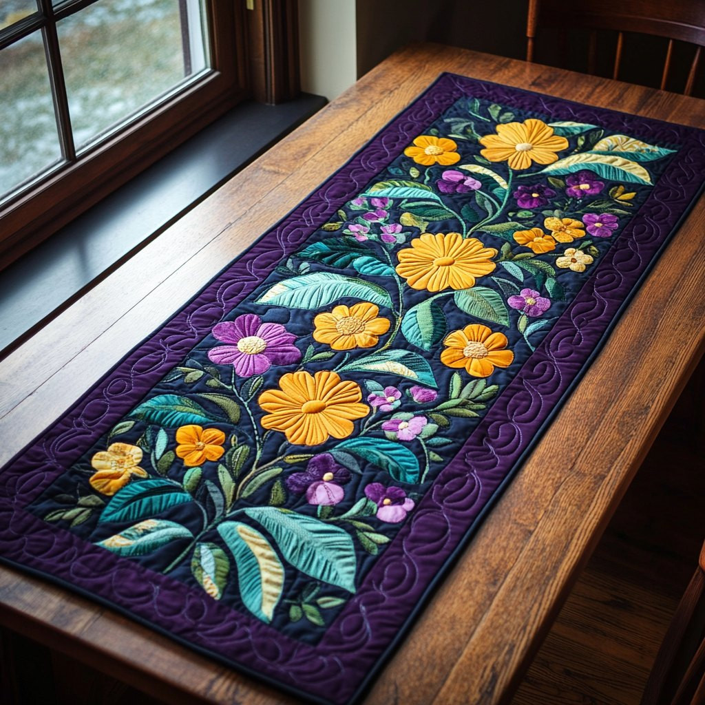 Bright Flowers on Purple and Black Table Runner - Made to Order TABLE928