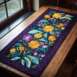 Bright Flowers on Purple and Black Table Runner - Made to Order TABLE928