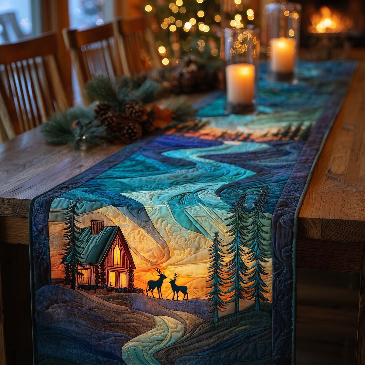 Cabin and Deer Under the Aurora Table Runner - Made to Order TABLE928