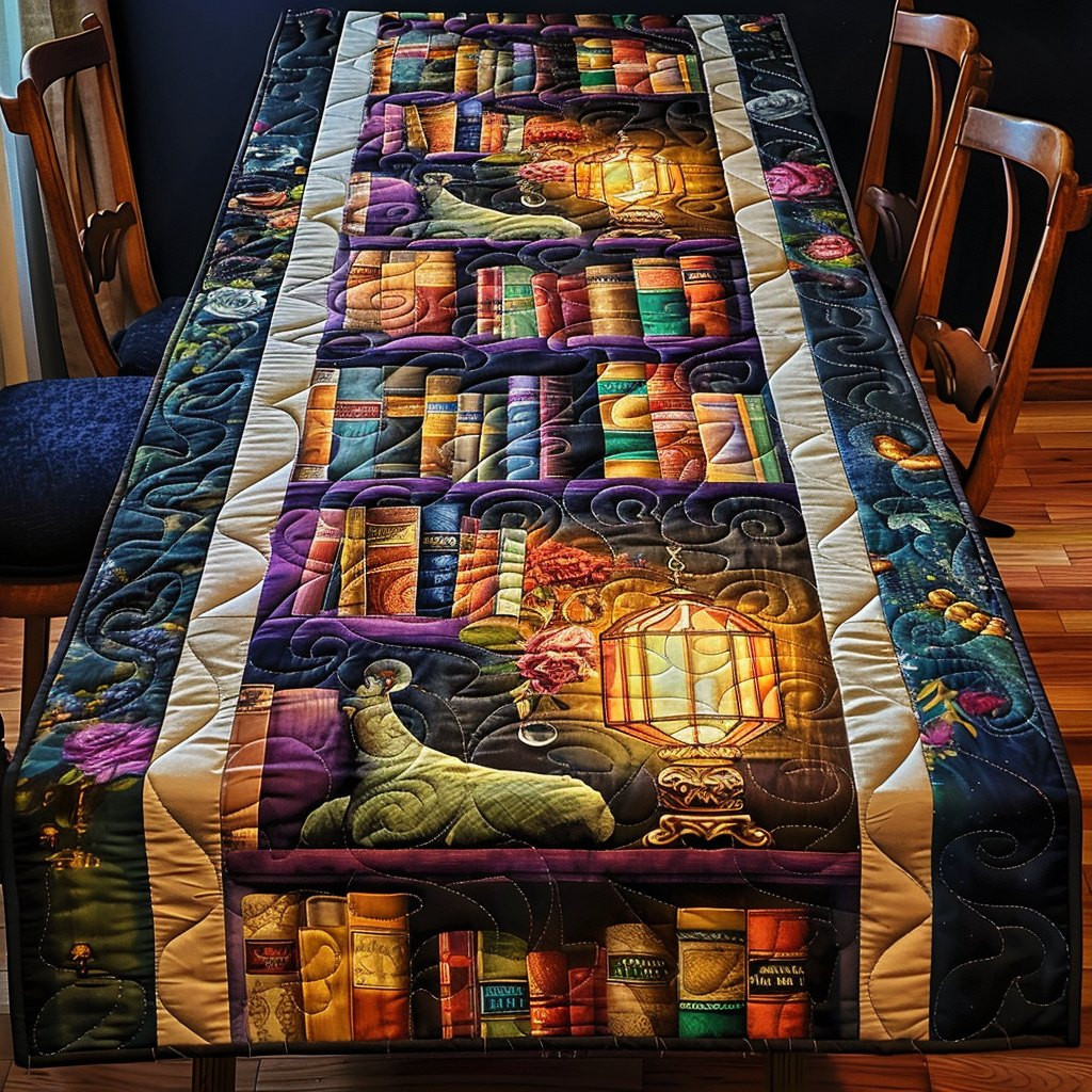 Bookshelf with a Sleeping Cat Table Runner - Made to Order TABLE928
