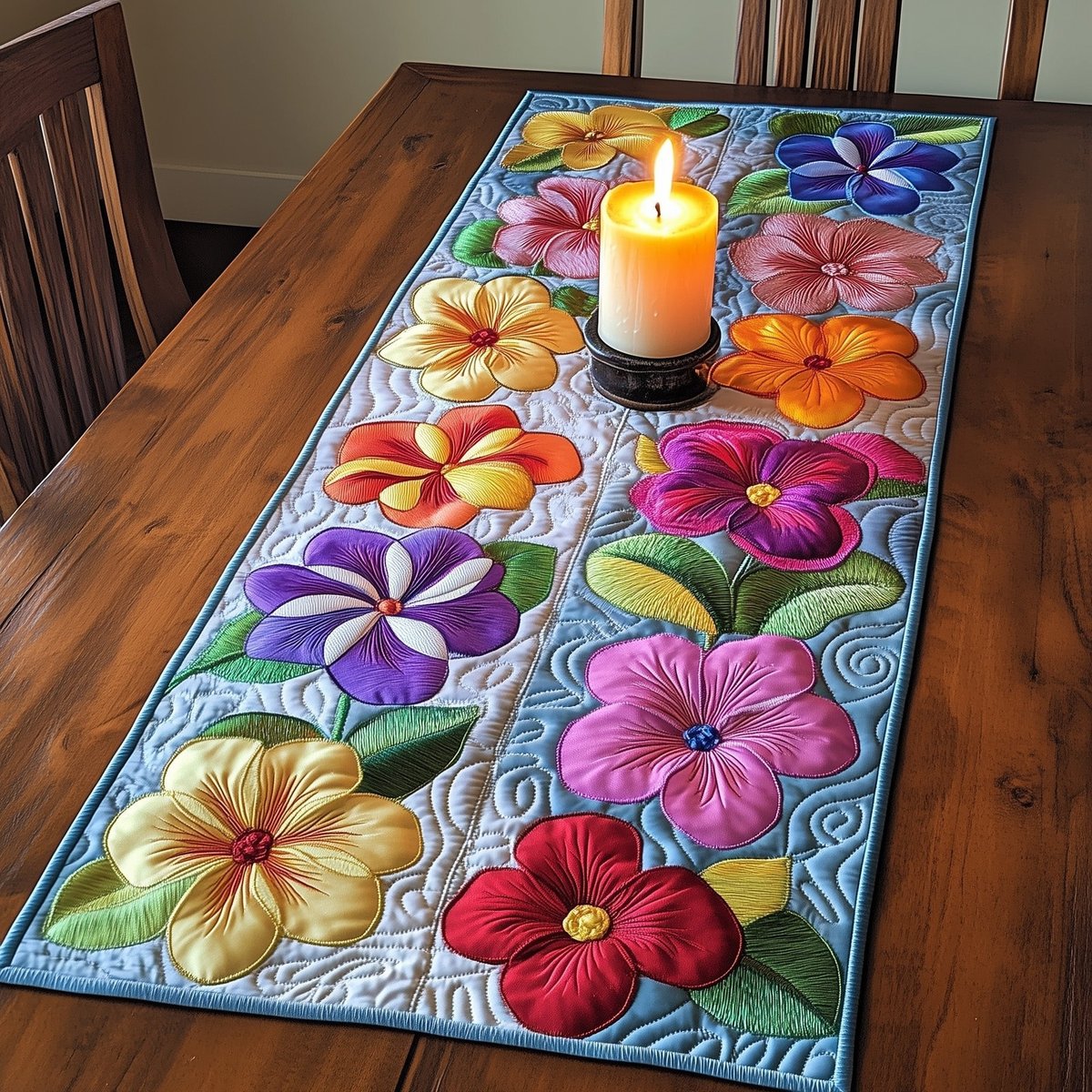 Bright Flowers on White Quilt Blocks Table Runner - Made to Order TABLE928