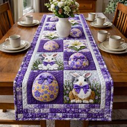 Bunnies and Eggs in Purple Blocks Table Runner - Made to Order TABLE928