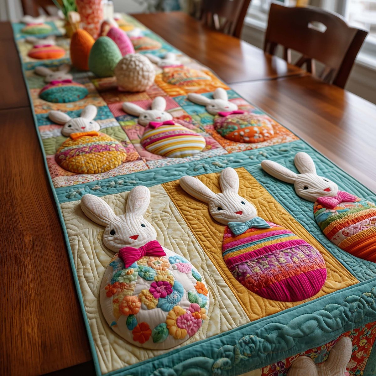Bunnies and Striped Eggs in Blocks Table Runner - Made to Order TABLE928