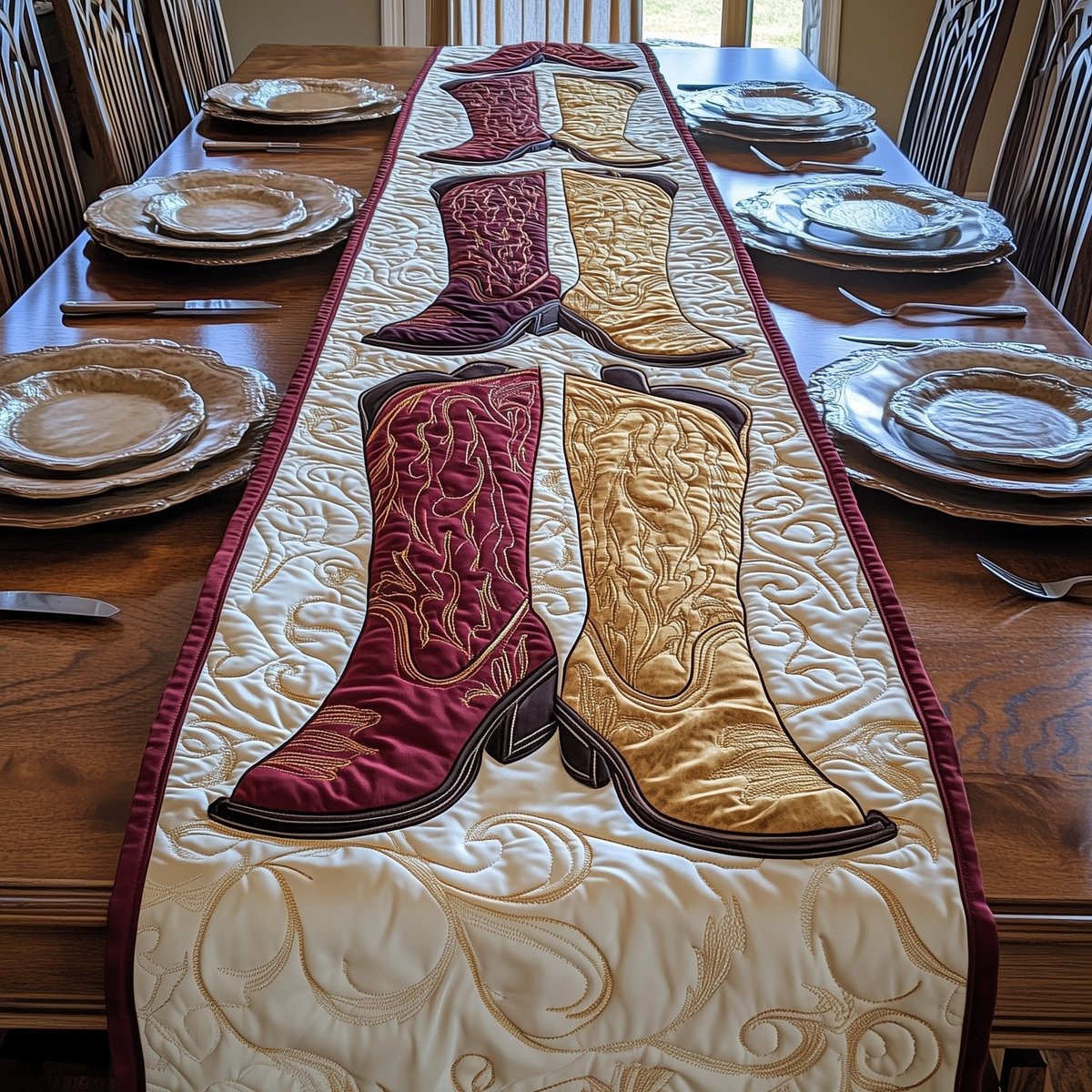 Burgundy and Tan Boot Pair Table Runner - Made to Order TABLE928