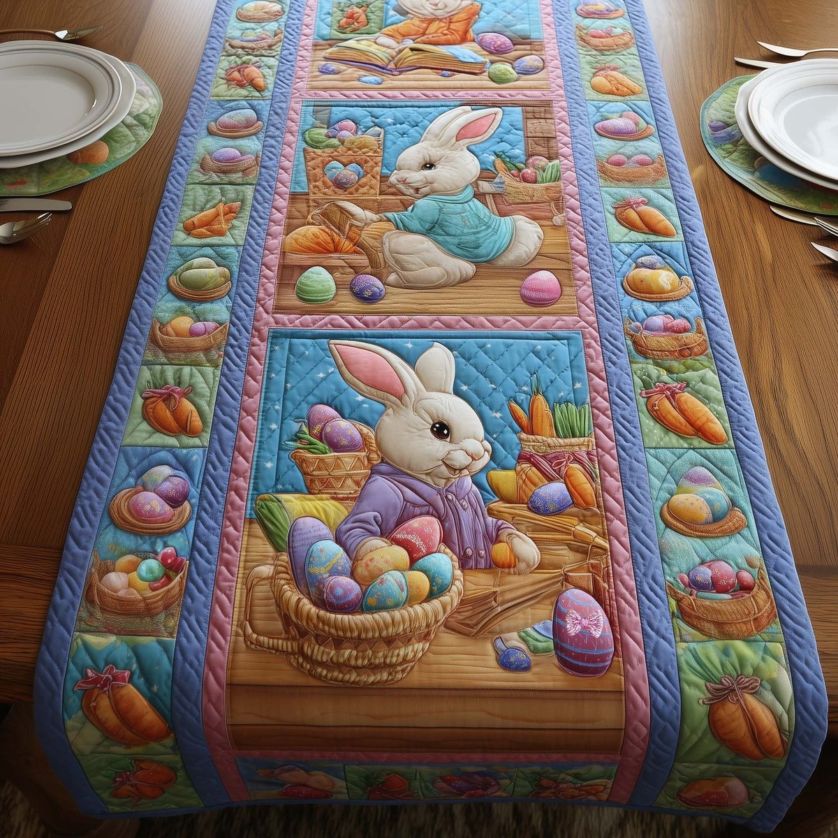 Bunny with Egg Baskets on Blue Table Runner - Made to Order TABLE928
