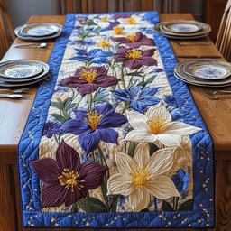 Burgundy and Cream Blooms with Blue Table Runner - Made to Order TABLE928