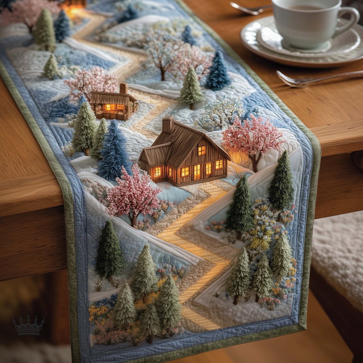 Cabin with Blossom Lined Path Table Runner - Made to Order TABLE928
