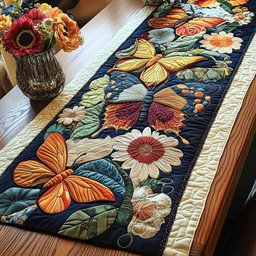 Butterflies and Blooms on Navy Blocks Table Runner - Made to Order TABLE928