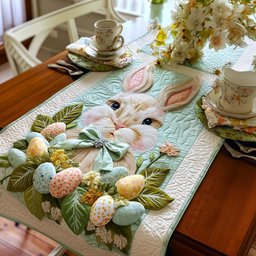 Bunny with a Green Bow and Eggs Table Runner - Made to Order TABLE928