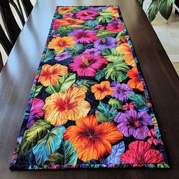 Bright Hibiscus on Navy Ground Table Runner - Made to Order TABLE928