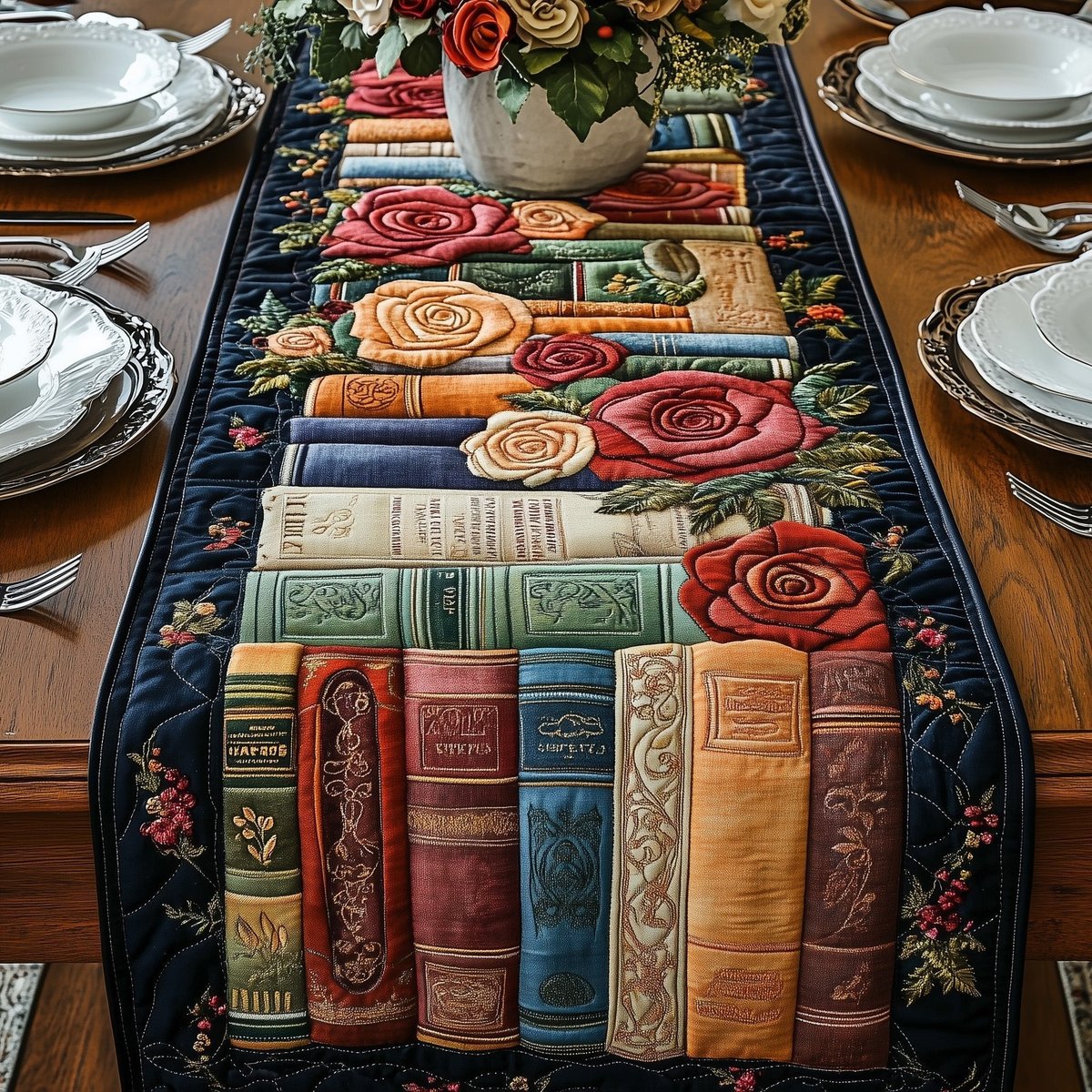 Bookshelf with Roses and Ribbons Table Runner - Made to Order TABLE928
