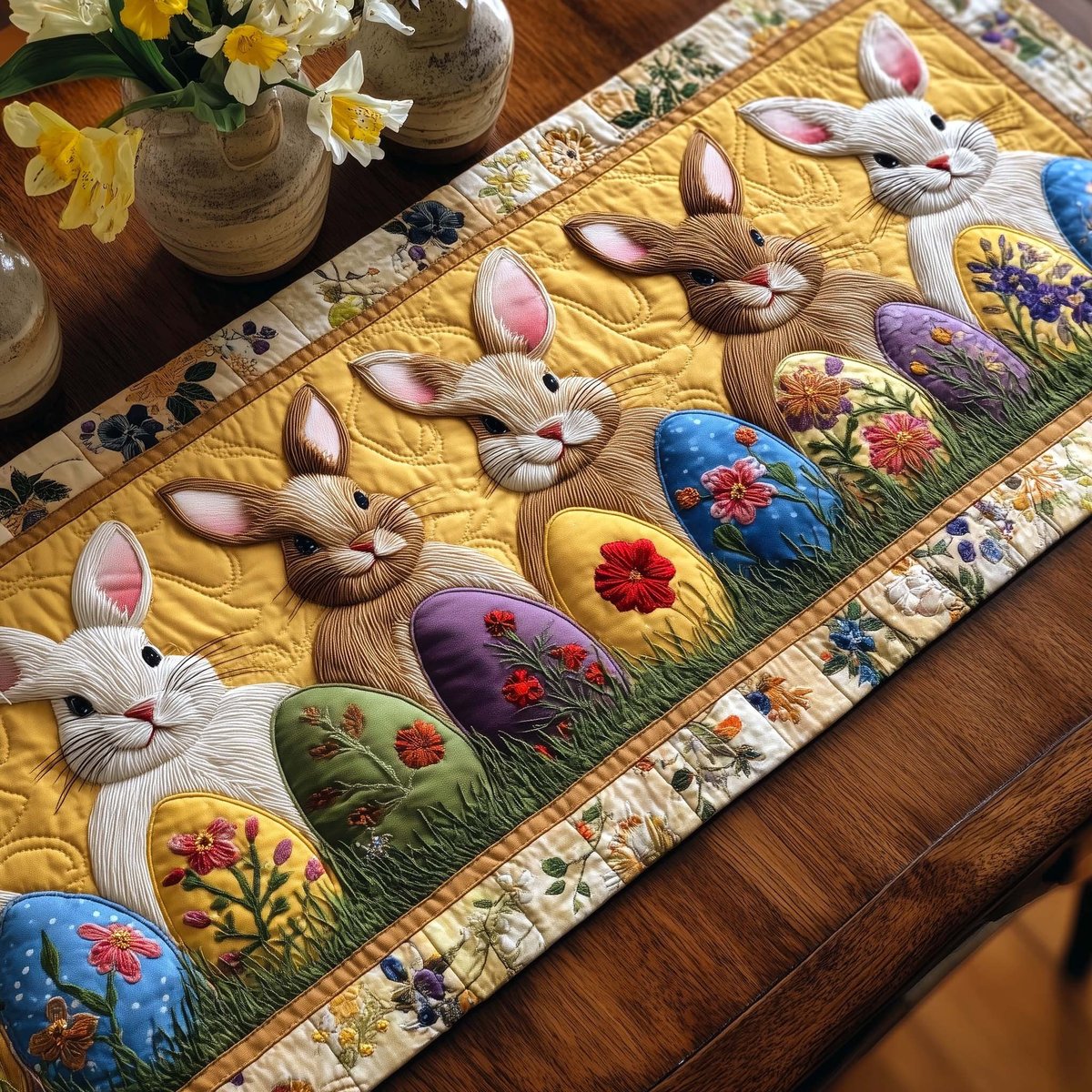 Bunnies with Eggs and Wildflowers Table Runner - Made to Order TABLE928