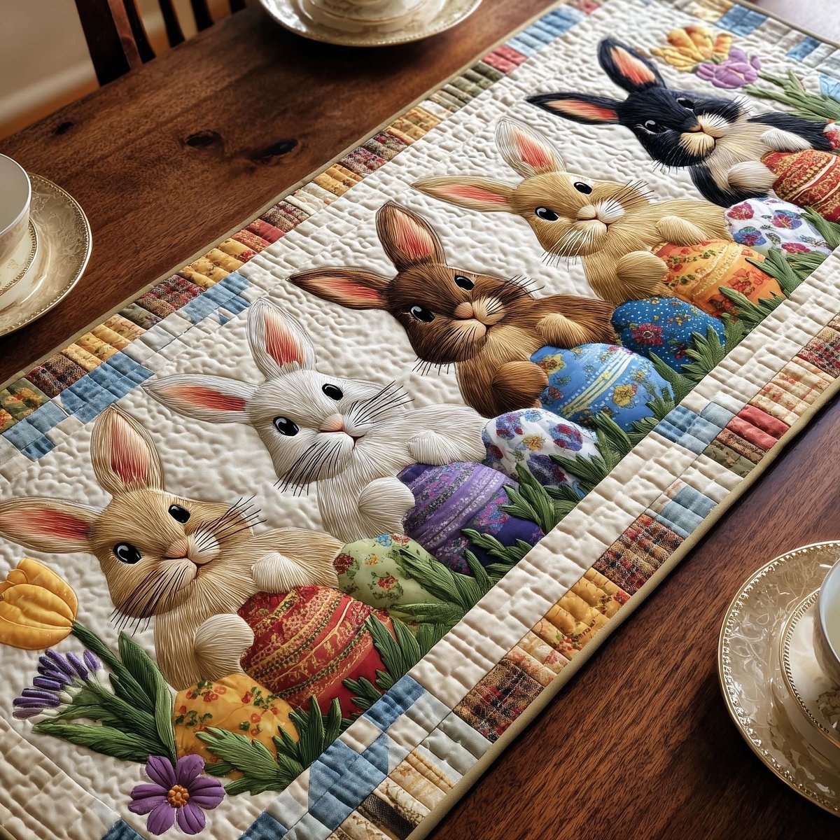 Brown and White Bunnies with Eggs Table Runner - Made to Order TABLE928