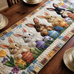 Brown and White Bunnies with Eggs Table Runner - Made to Order TABLE928