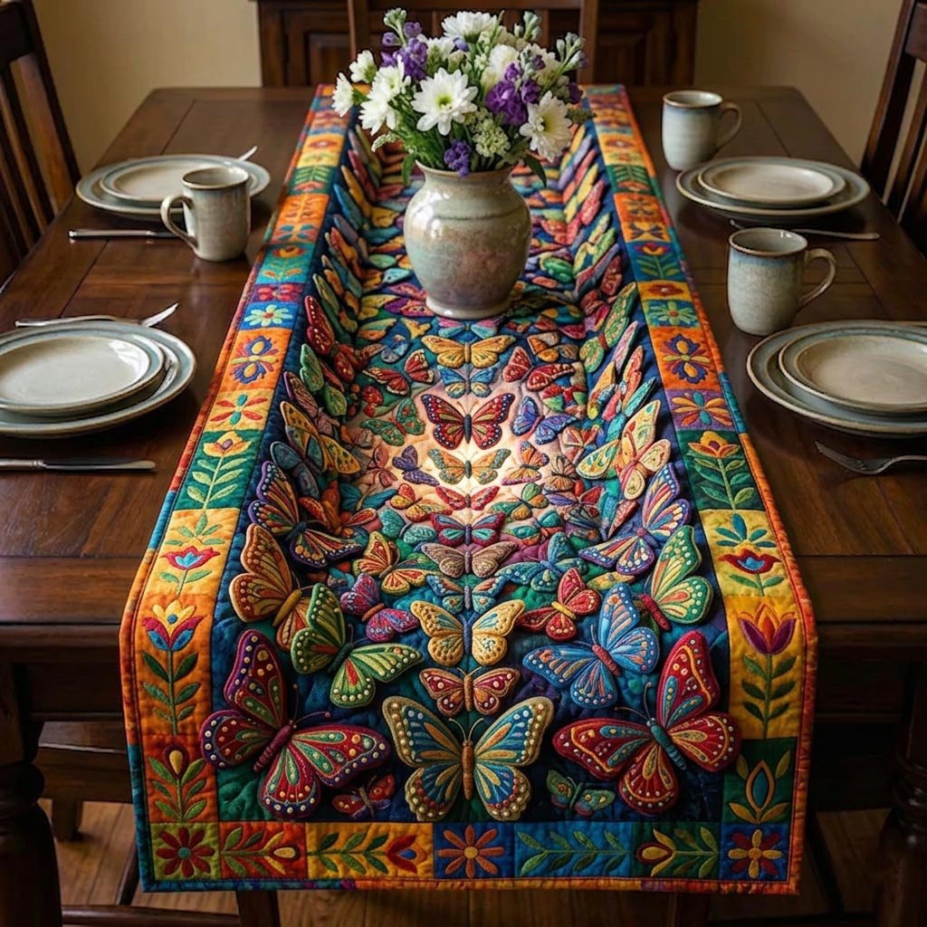 Bright Folk Butterflies on Blue Table Runner - Made to Order TABLE928