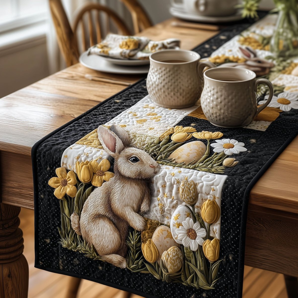 Bunny with Daffodils on Black Table Runner - Made to Order TABLE928