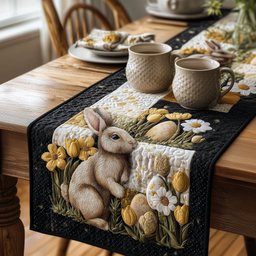 Bunny with Daffodils on Black Table Runner - Made to Order TABLE928