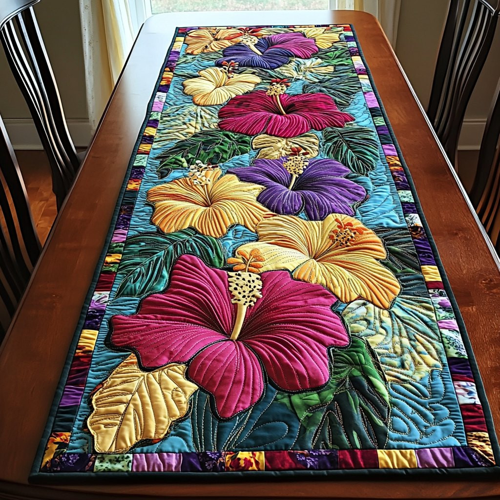 Bright Hibiscus on Blue Panel Table Runner - Made to Order TABLE928